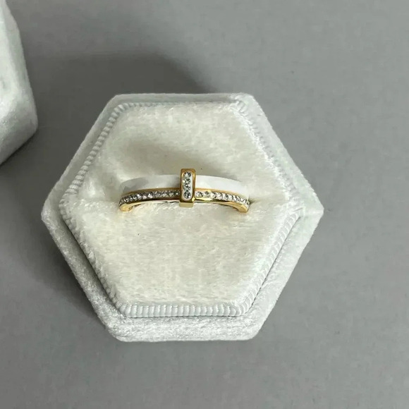 Stainless Steel Ceramic Zircon Gold Plated White Ring - Picture 5 of 8